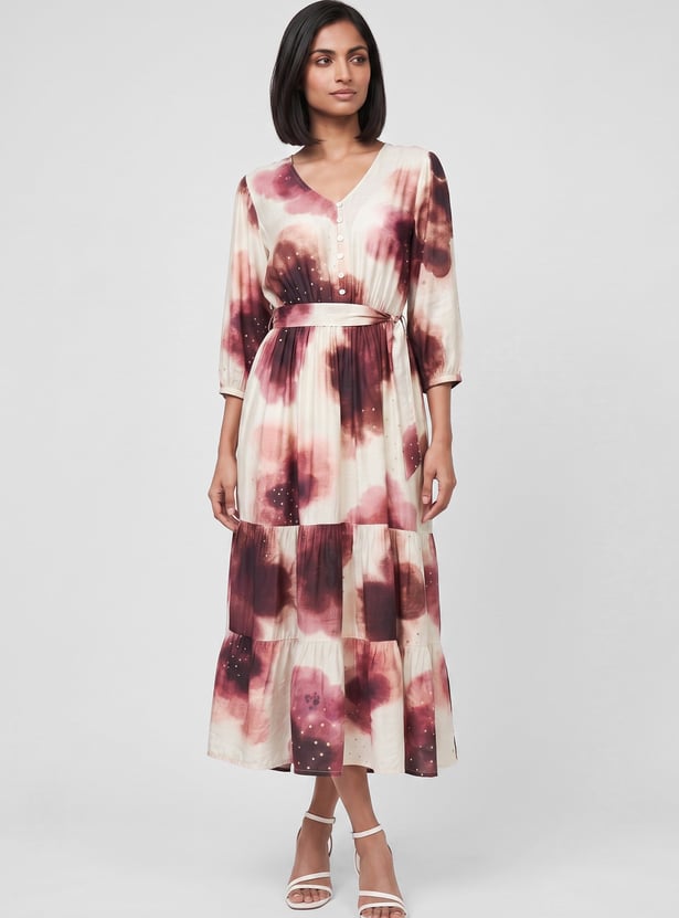 Women Printed Midi Dress with Tie-up Belt
