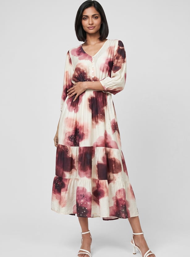 Women Printed Midi Dress with Tie-up Belt