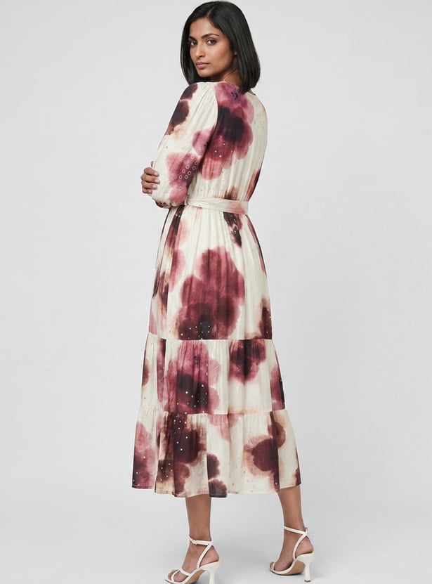 Women Printed Midi Dress with Tie-up Belt