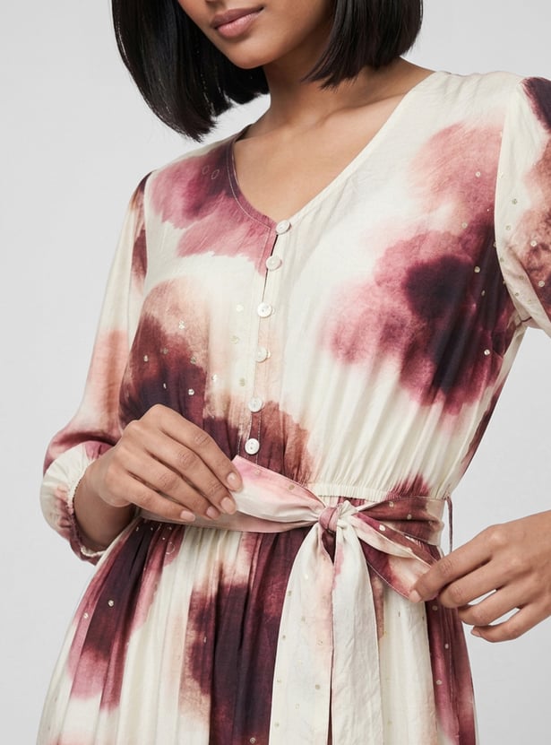 Women Printed Midi Dress with Tie-up Belt
