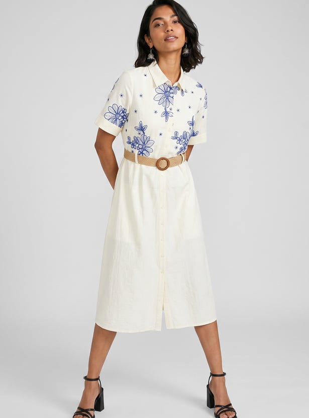 Women Embroidered Belted Midi Dress