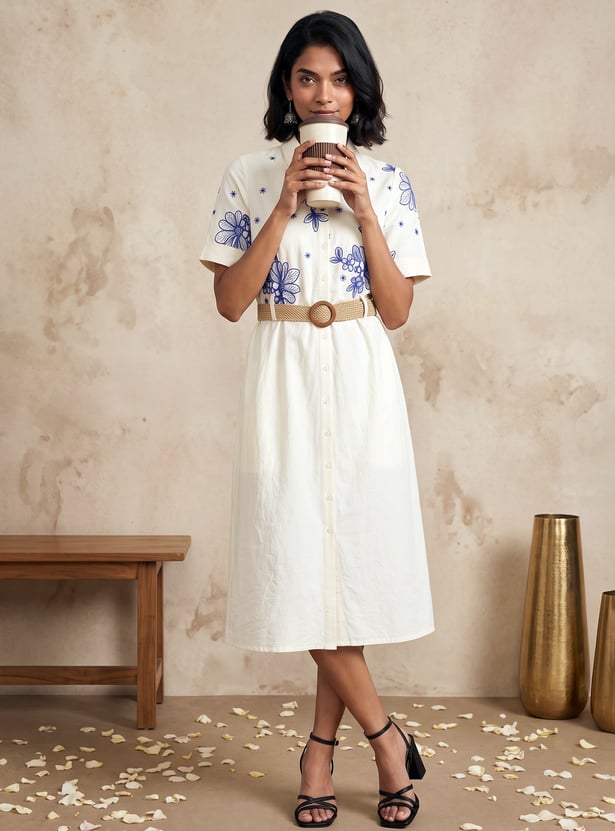 Women Embroidered Belted Midi Dress
