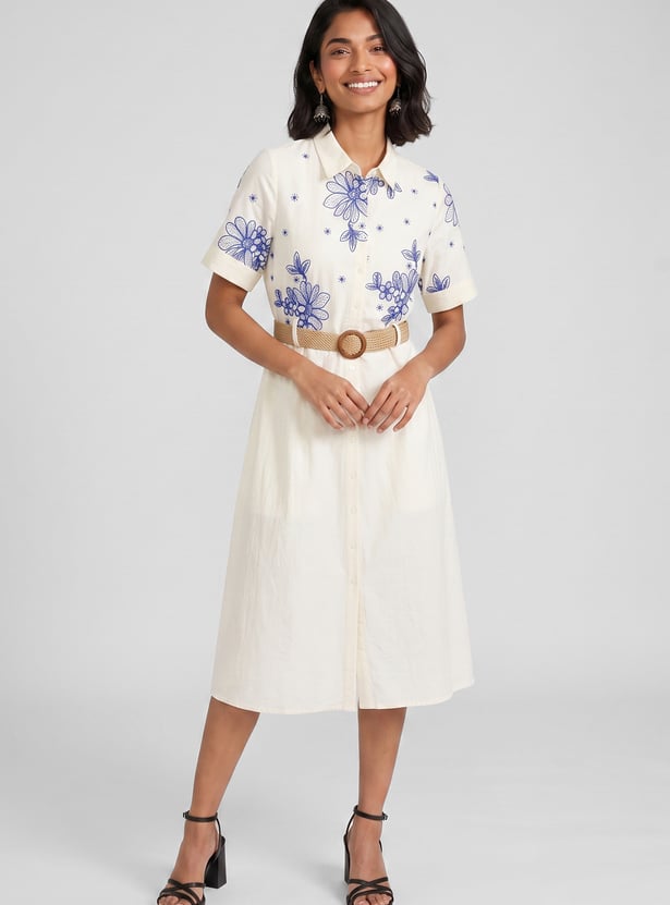 Women Embroidered Belted Midi Dress