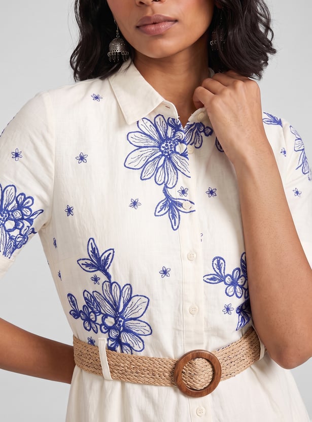 Women Embroidered Belted Midi Dress