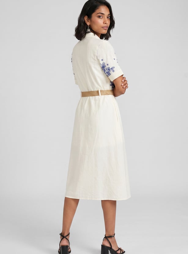Women Embroidered Belted Midi Dress