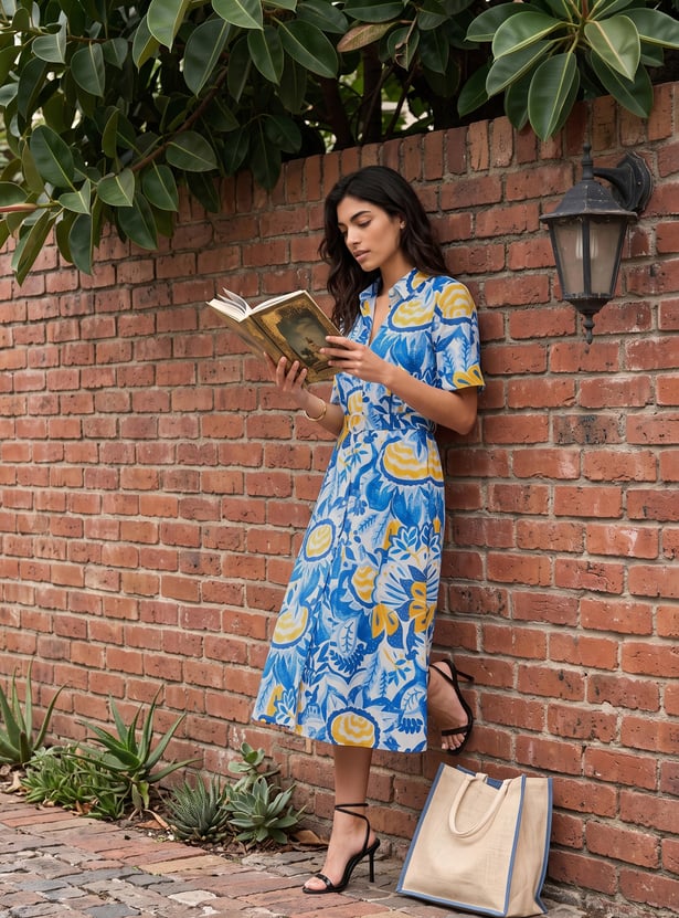 Women Printed Midi Dress with Belt