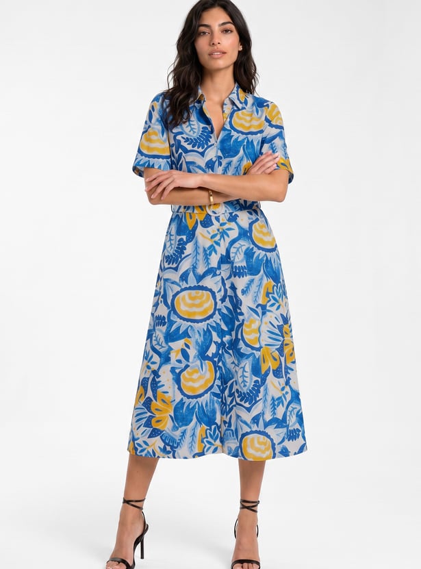 Women Printed Midi Dress with Belt