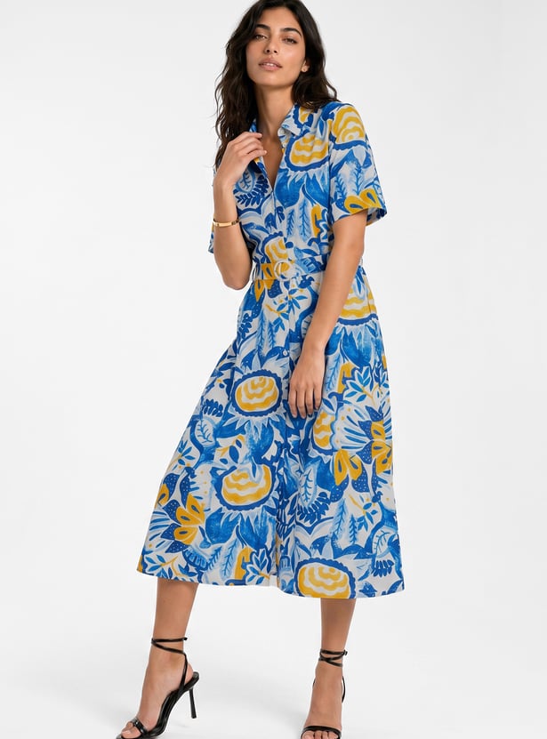Women Printed Midi Dress with Belt