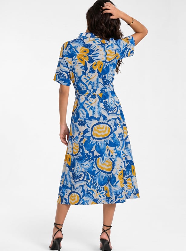 Women Printed Midi Dress with Belt