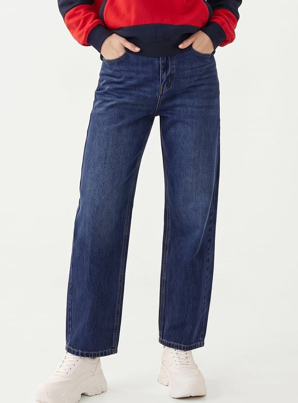 Women Washed High Rise Barrel Fit Jeans