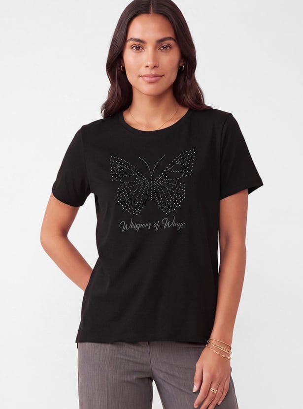 Women Butterfly Embellished T-shirt
