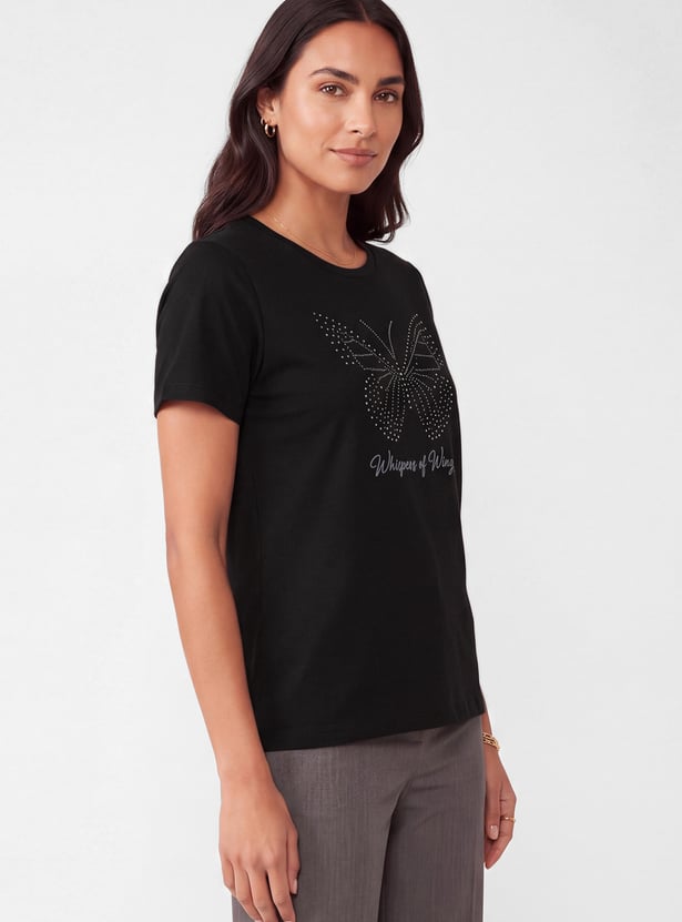 Women Butterfly Embellished T-shirt