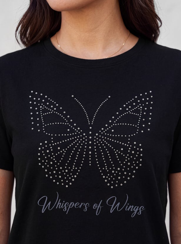 Women Butterfly Embellished T-shirt