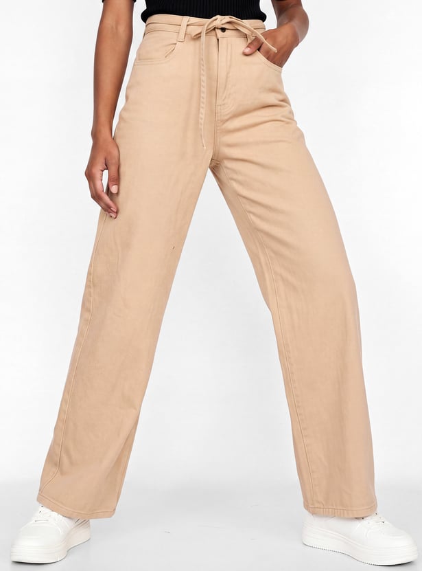 Women Solid High-Rise Tie-up Jeans