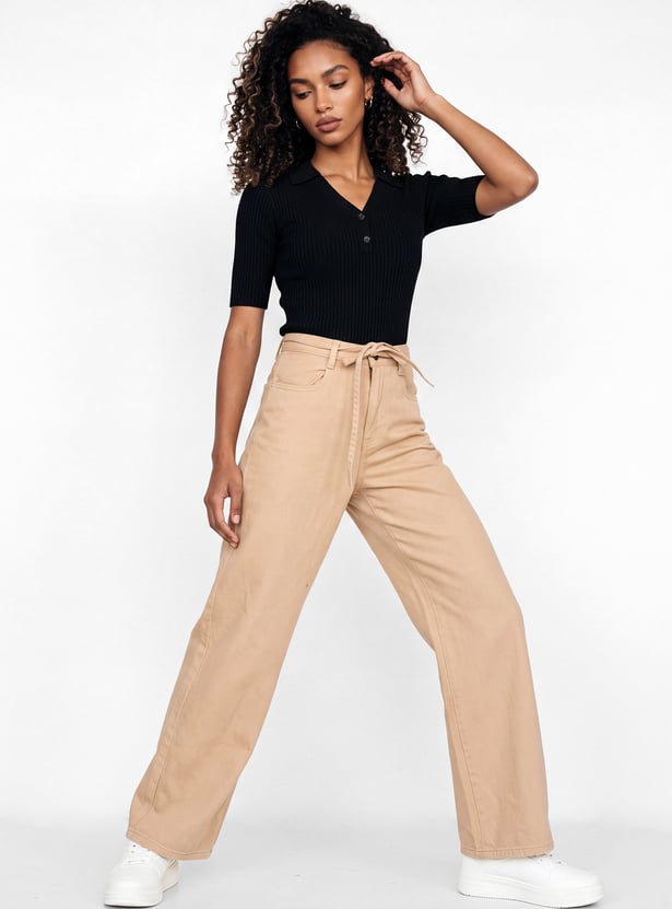 Women Solid High-Rise Tie-up Jeans