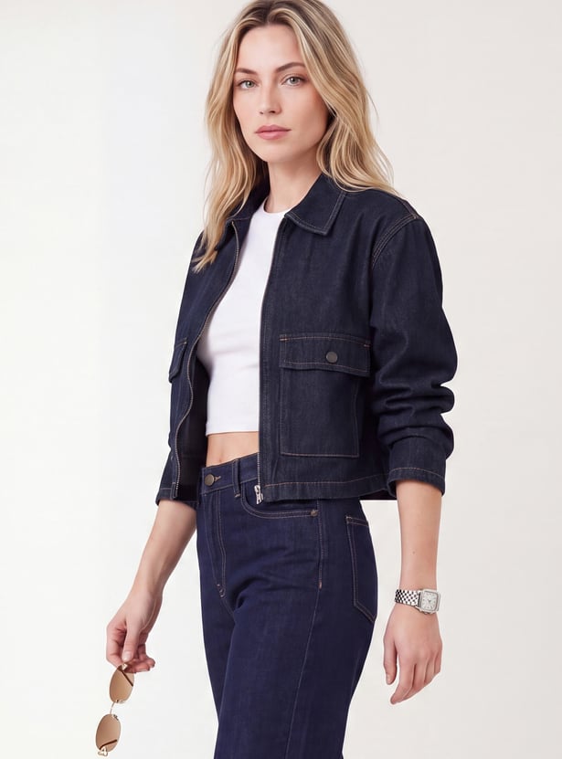Women Zipped Denim Jacket