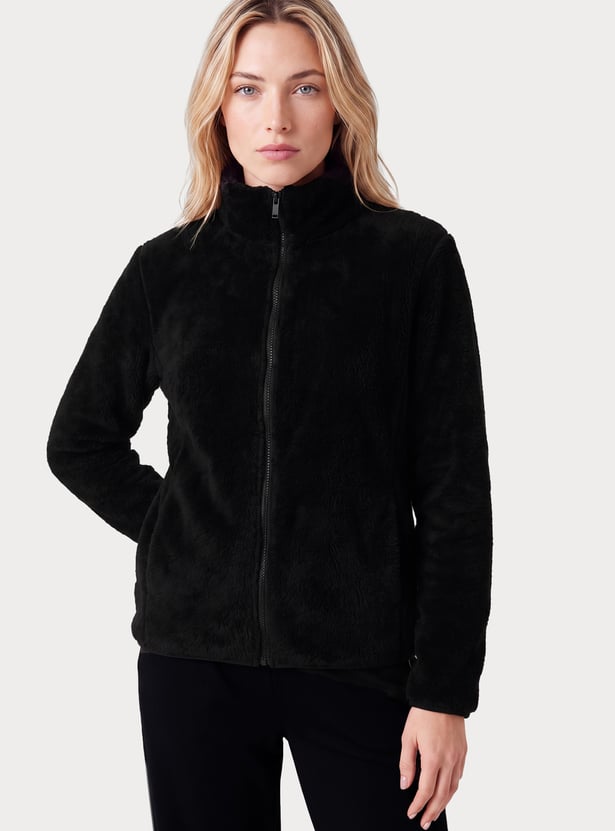 Women Fur-Textured Stand Collar Jacket