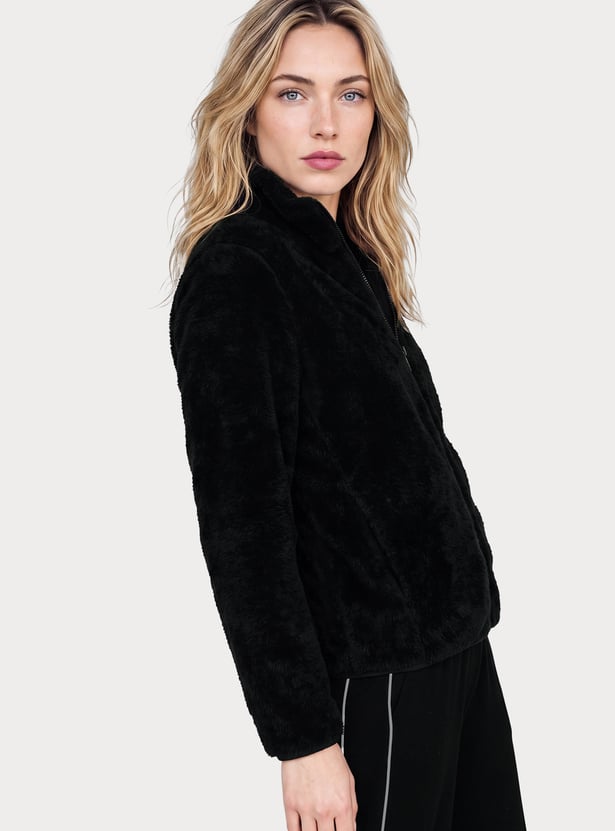 Women Fur-Textured Stand Collar Jacket