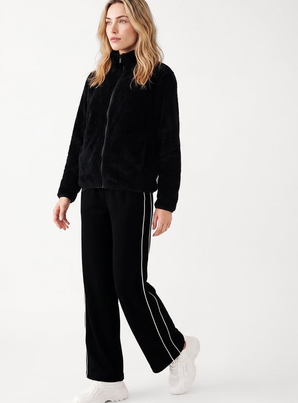 Women Fur-Textured Stand Collar Jacket