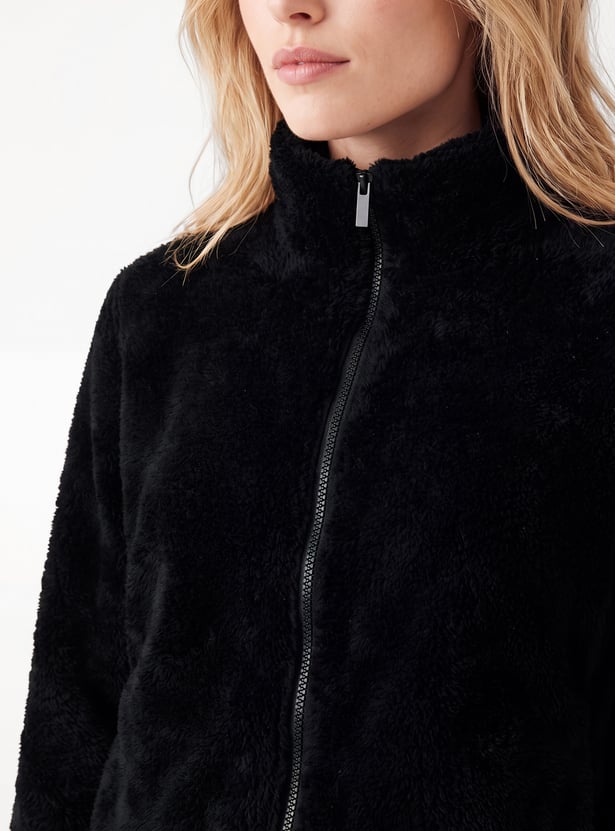 Women Fur-Textured Stand Collar Jacket
