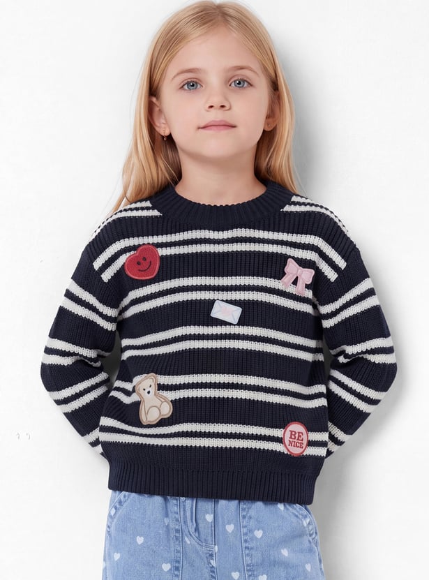 Girls Striped Applique Drop-Shoulder Sweater