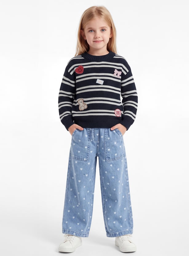 Girls Striped Applique Drop-Shoulder Sweater