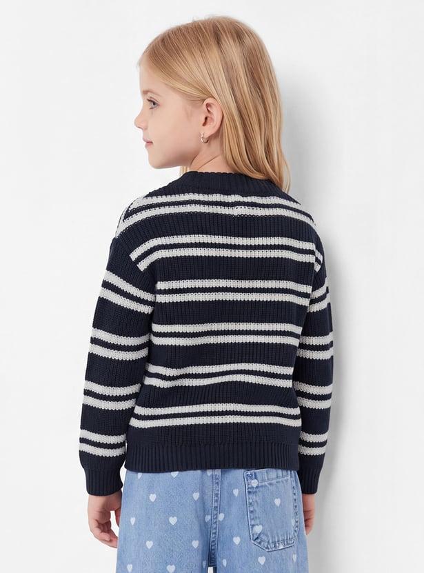 Girls Striped Applique Drop-Shoulder Sweater