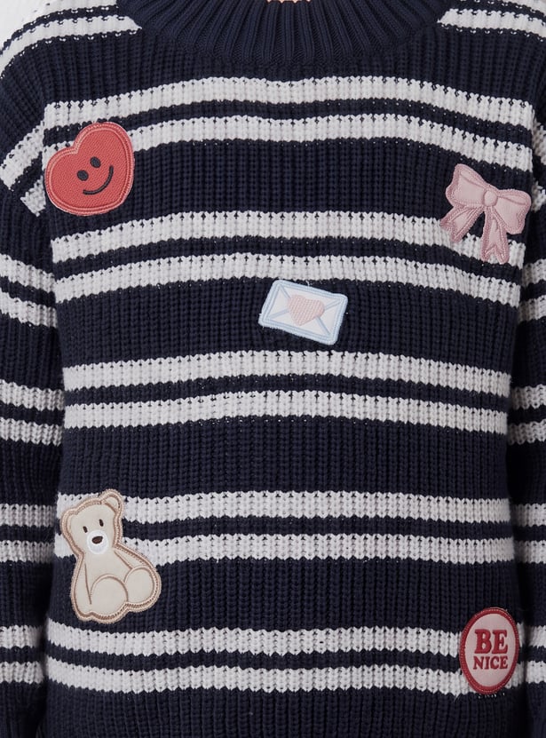 Girls Striped Applique Drop-Shoulder Sweater