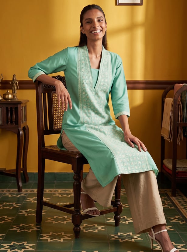 Women Embroidered Straight Kurta