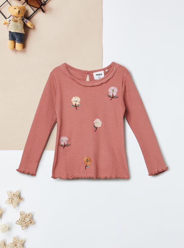Girls Embroidered Lettuce Hem Top