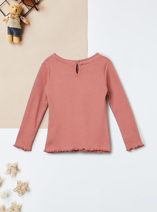 Girls Embroidered Lettuce Hem Top