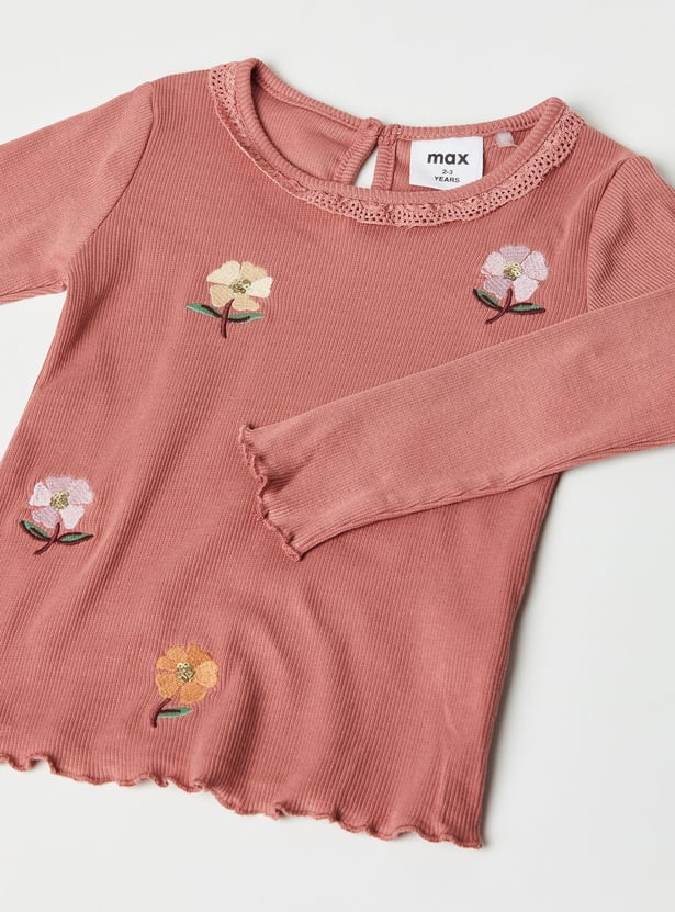 Girls Embroidered Lettuce Hem Top