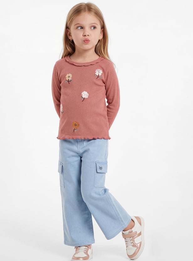 Girls Embroidered Lettuce Hem Top