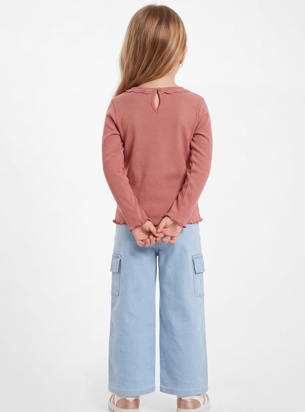 Girls Embroidered Lettuce Hem Top