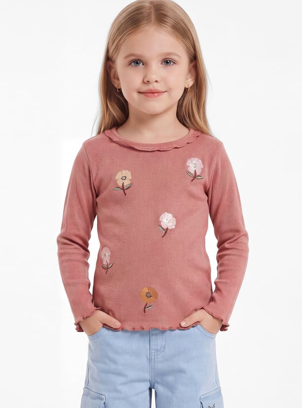Girls Embroidered Lettuce Hem Top