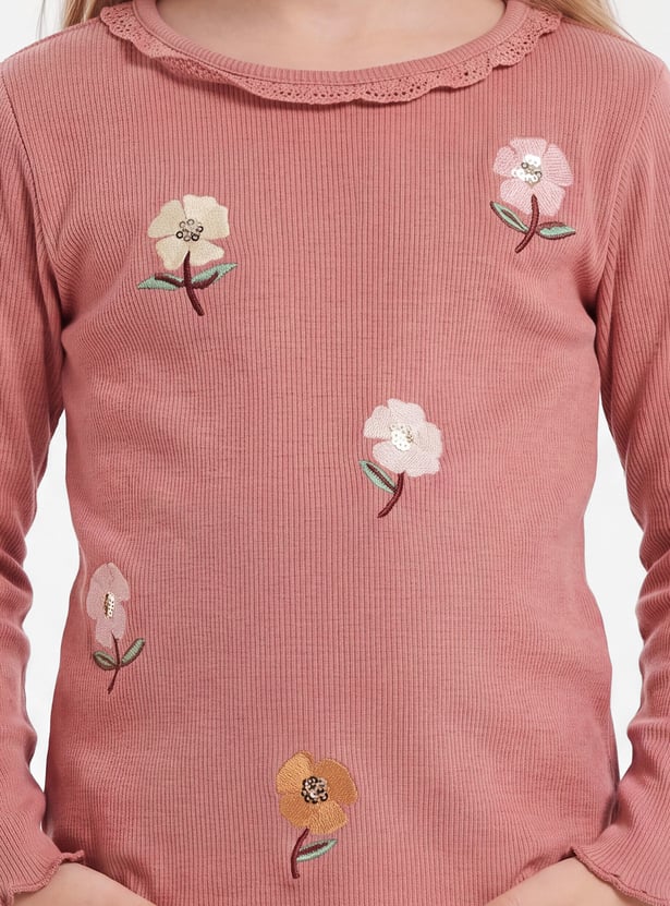 Girls Embroidered Lettuce Hem Top