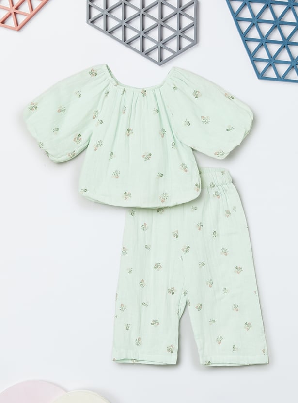 Girls Floral Print Trousers Set
