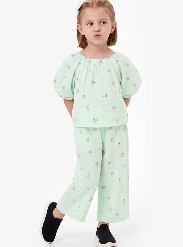 Girls Floral Print Trousers Set