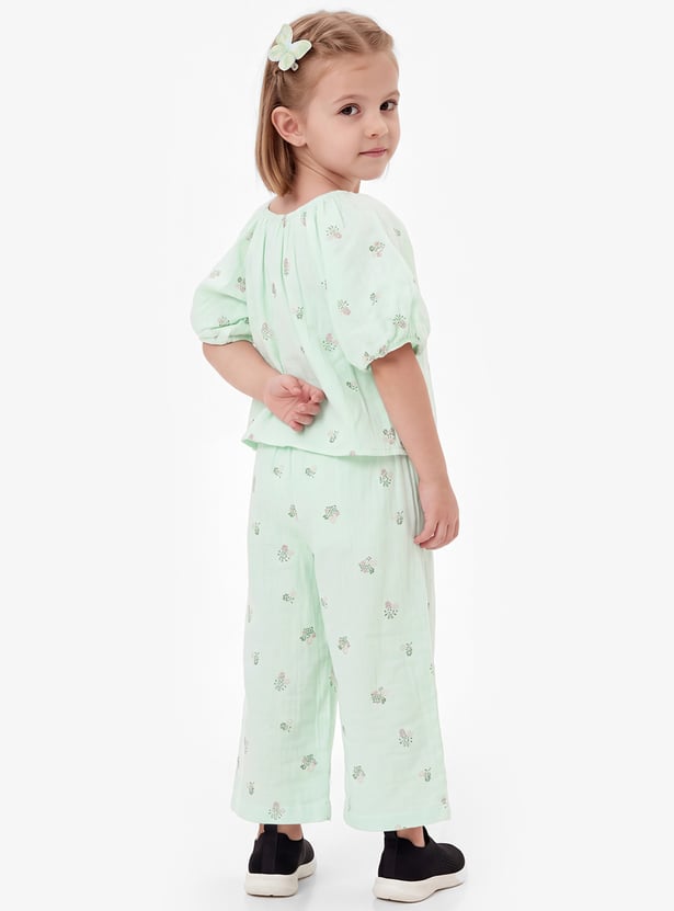 Girls Floral Print Trousers Set
