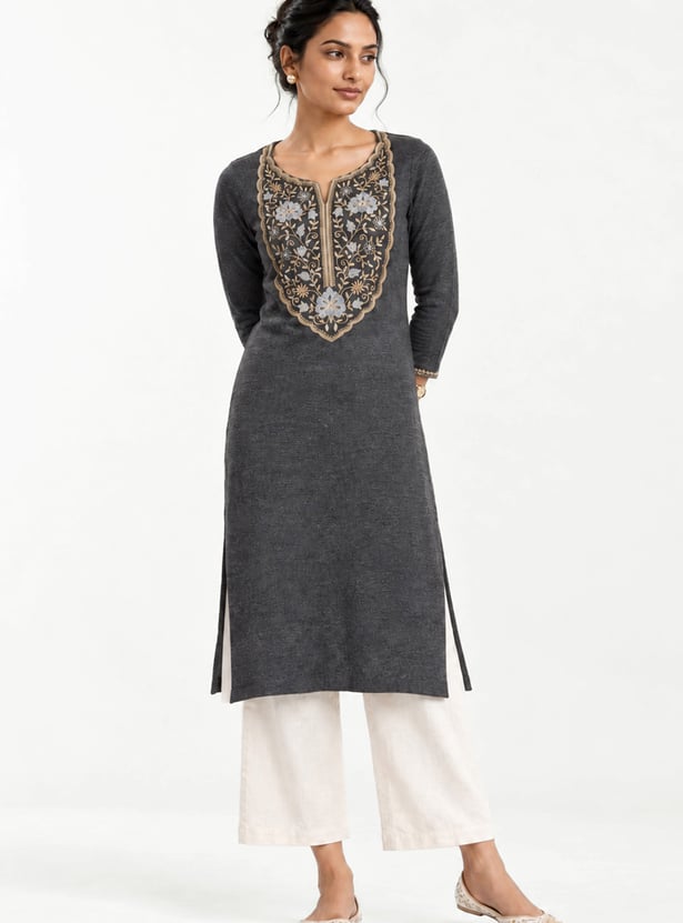 Women Embroidered Straight Winter Kurta
