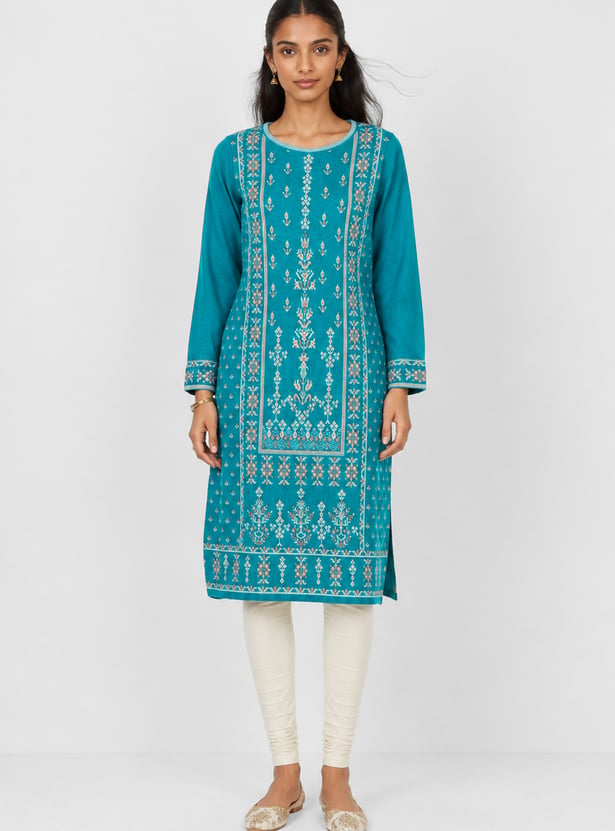Women Embroidered Straight Winter Kurta