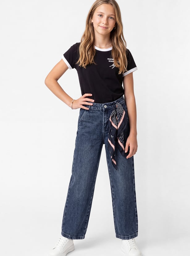 Girls Scarf-Detailed Wide Leg Jeans