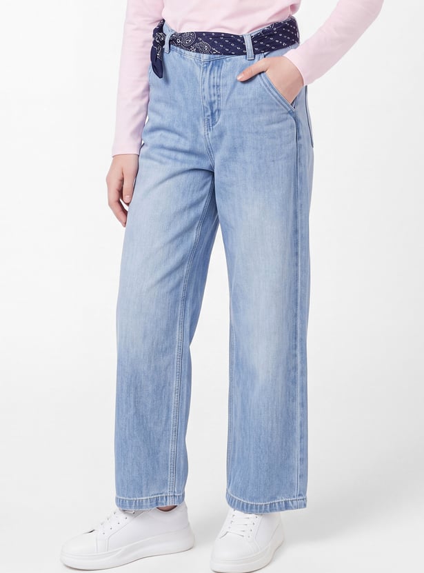 Girls Wide Leg Light Wash Jeans