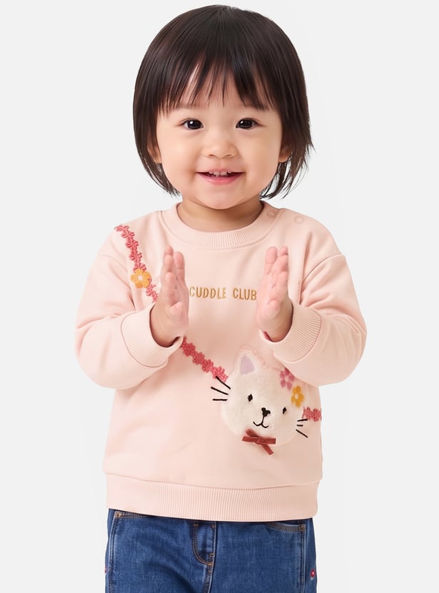 Girls Cat Embroidered Pullover Sweatshirt