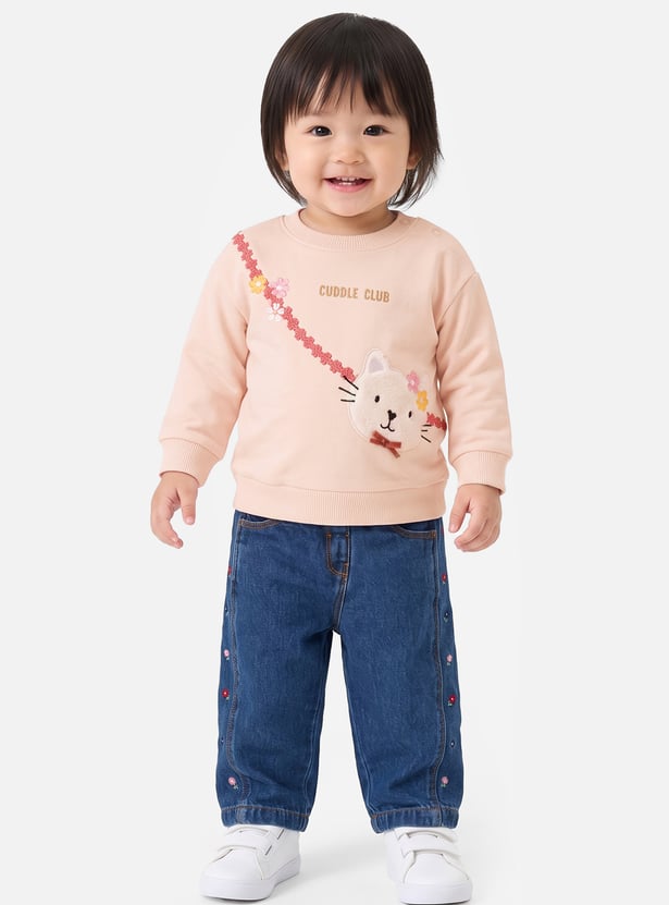 Girls Cat Embroidered Pullover Sweatshirt