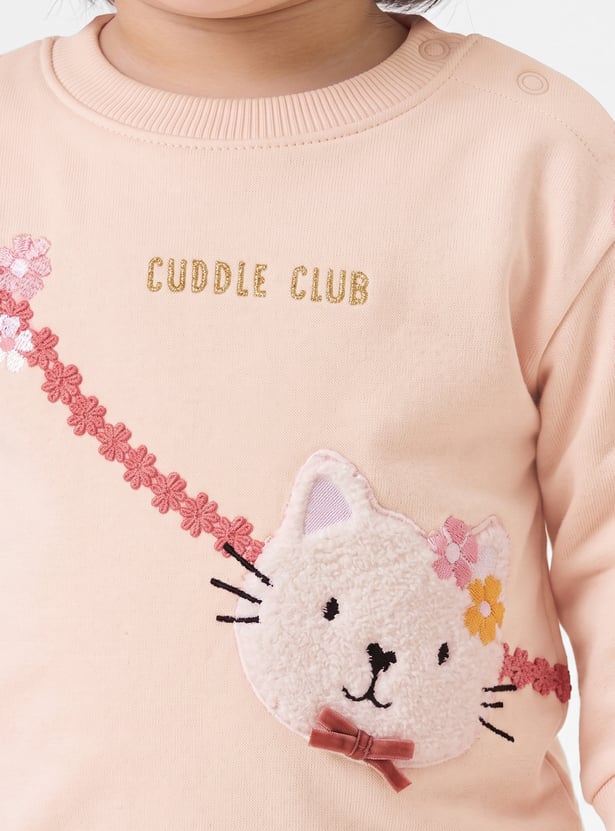 Girls Cat Embroidered Pullover Sweatshirt