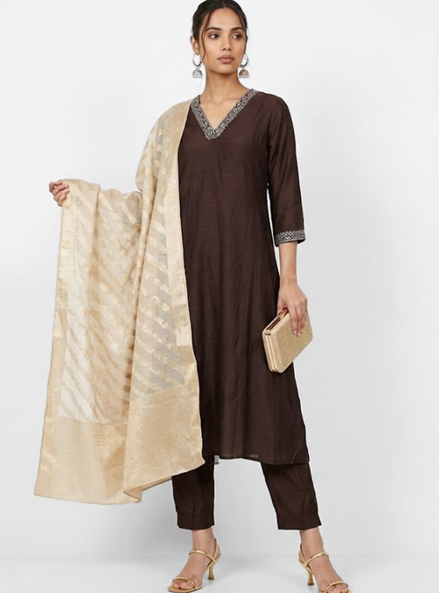 Women Embroidered Straight A-Line Set
