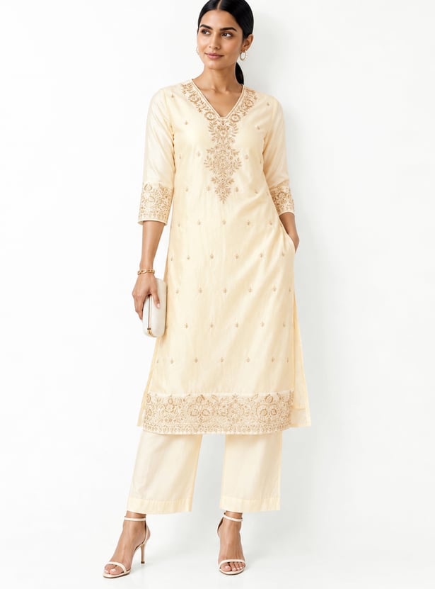 Women Embroidered Straight Kurta Set