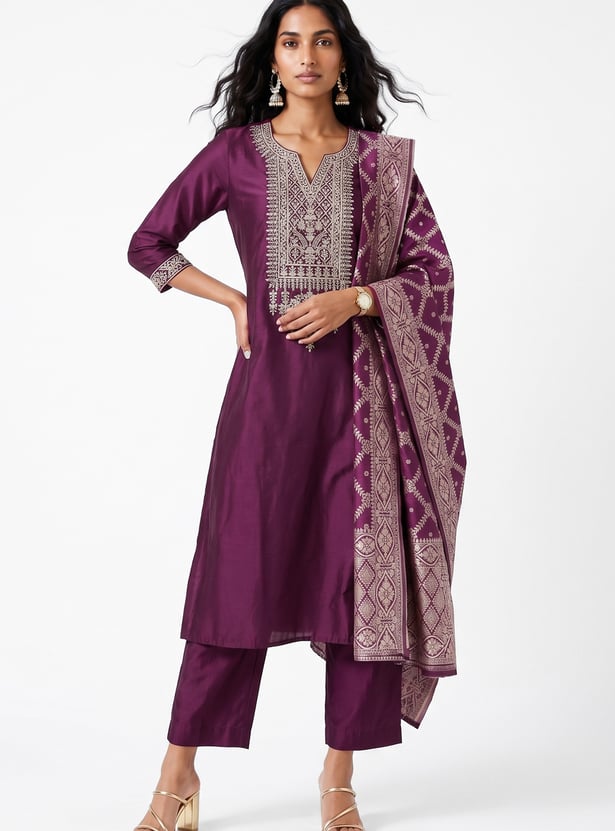 Women Embroidered A-line Kurta Set with Dupatta