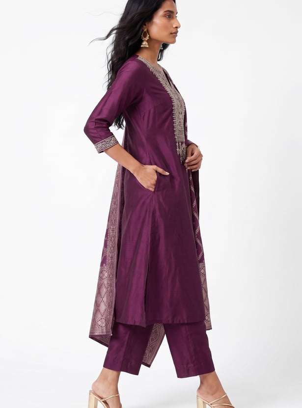 Women Embroidered A-line Kurta Set with Dupatta